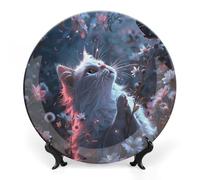 Rkklvbns Piatti decorativi con gatto bianco in fiori, piatti piani in ceramica da 20,3 cm, piatto decorativo in porcellana Bone China con espositore piatti da dessert per casa e ufficio decorazione da