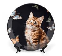 Rkklvbns Piatti decorativi con gatto e farfalla, piatti piani in ceramica da 25,4 cm, piatti decorativi in porcellana Bone China con espositore, piatti da dessert per casa e ufficio, decorazione da