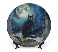 Rkklvbns Piatti decorativi con gatto nero seduto da 15,2 cm, piatti piani in ceramica Bone China Piatto decorativo con espositore Piatti da dessert per casa ufficio decorazione da parete
