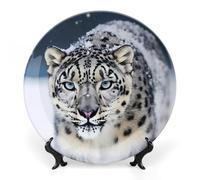 Rkklvbns Piatti decorativi con leopardo delle nevi dagli occhi blu, piatti piani in ceramica da 20,3 cm, piatti decorativi in porcellana Bone China con espositore, piatti da dessert per casa e ufficio