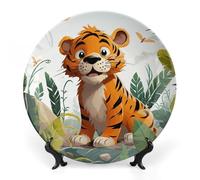 Rkklvbns Piatti decorativi con tigre dei cartoni animati, piatti piani in ceramica da 15,2 cm, piatti decorativi in porcellana Bone China con espositore, piatti da dessert per casa e ufficio