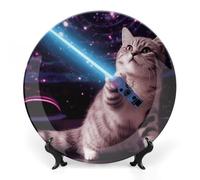 Rkklvbns Piatti decorativi divertenti a forma di gatto spaziale, 25,4 cm, in ceramica Bone China, con espositore, piatti da dessert per casa e ufficio, decorazione da parete