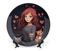 Rkklvbns Piatti decorativi in ceramica con scritta "A Girl Who Loves Cats", 25,4 cm, in porcellana fine, con espositore, piatti da dessert per casa e ufficio, decorazione da parete