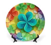 Rkklvbns Piatti decorativi in ceramica con trifoglio arcobaleno da 17,8 cm, piatti decorativi in porcellana Bone China, con espositore, piatti da dessert per casa e ufficio, decorazione da parete