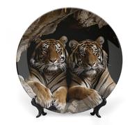 Rkklvbns Piatti decorativi in ceramica da 20,3 cm, motivo: tigre nella caverna, piatti decorativi in porcellana Bone China, con espositore da dessert, per casa e ufficio, decorazione da parete