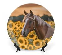Rkklvbns Piatti decorativi in ceramica da 25,4 cm, motivo cavallo girasole giallo, piatto decorativo in porcellana Bone China con espositore piatti da dessert per casa e ufficio decorazione da parete