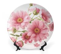 Rkklvbns Piatto decorativo in porcellana Bone China con fiori rosa, con espositore da parete, decorazione per la casa, ufficio, hotel, 25,4 cm