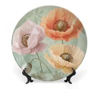 Rkklvbns Piatto decorativo in porcellana Bone China con papaveri pastello, con espositore da parete, decorazione per la casa, ufficio, hotel, 15,2 cm