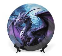 Rkklvbns Piatto decorativo in porcellana con drago viola, luna viola, con supporto da parete, decorazione per la casa, ufficio, hotel, 17,8 cm