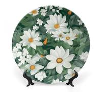 Rkklvbns Piatto decorativo in porcellana con foglie verdi e fiori bianchi, piatto decorativo in porcellana con espositore da parete, decorazione per la casa, ufficio, hotel, 20,3 cm