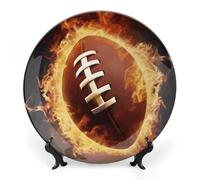Rkklvbns Piatto decorativo in porcellana con motivo football americano fiammeggiante, piatto artistico in porcellana con espositore da parete, decorazione per la casa, ufficio, hotel, 25,4 cm