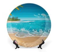 Rkklvbns Piatto decorativo in porcellana con motivo tropicale blu mare spiaggia bone china con espositore da parete decorazione per la casa per ufficio hotel 25,4 cm