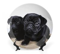 Rkklvbns Simpatici piatti decorativi a forma di carlino nero, 17,8 cm, piatti piani in ceramica Bone China Piatto decorativo con espositore Piatti da dessert per casa e ufficio decorazione da parete
