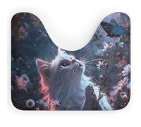 Rkklvbns Tappeto da bagno a forma di U con gatto bianco con fiori, antiscivolo, morbido e assorbente, 50,8 x 40,6 cm, sottile tappeto da bagno per lavandino, vasca, doccia e WC