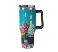 Rkklvbns Tazza da caffè da viaggio colorata Happy Birthday Cupcakes da 1,18 l, con manico e coperchio con cannuccia, a prova di perdite, grande capacità, mantiene freddo o caldo per palestra, viaggi e