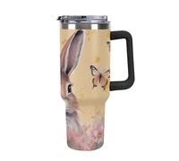 Rkklvbns Tazza da caffè da viaggio con coniglio e farfalla, bicchiere da 1,18 l, con manico e coperchio con cannuccia, tazza per auto di grande capacità, a prova di perdite, mantiene freddo o caldo
