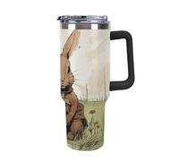 Rkklvbns Tazza da caffè da viaggio con coniglio marrone, bicchiere da 1,18 l, con manico e coperchio con cannuccia, tazza da auto di grande capacità, a prova di perdite, mantiene freddo o caldo per