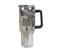 Rkklvbns Tazza da caffè da viaggio con due lupi che camminano nella neve, bicchiere da 1180 ml con manico e coperchio con cannuccia, tazza da auto di grande capacità a prova di perdite, mantiene