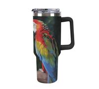 Rkklvbns Tazza da caffè da viaggio con due pappagalli colorati, bicchiere da 1180 ml con manico e coperchio con cannuccia, tazza da auto di grande capacità a prova di perdite, mantiene freddo o caldo