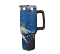 Rkklvbns Tazza da caffè da viaggio con due squali bianchi, 1,18 l, con manico e coperchio con cannuccia, a prova di perdite, grande capacità, mantiene freddo o caldo per palestra, viaggi e sport