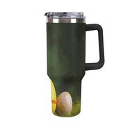 Rkklvbns Tazza da caffè da viaggio con fiore giallo e uova, bicchiere da 1,18 l, con manico e coperchio con cannuccia, tazza da auto di grande capacità, a prova di perdite, mantiene freddo o caldo per