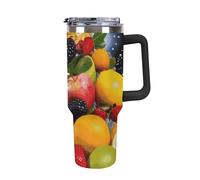 Rkklvbns Tazza da caffè da viaggio con frutta colorata, da 1,18 l, con manico e coperchio con cannuccia, tazza da auto di grande capacità, a prova di perdite, mantiene freddo o caldo per palestra