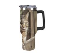 Rkklvbns Tazza da caffè da viaggio con gatto su recinzione in legno, bicchiere da 1,18 l, con manico e coperchio con cannuccia, tazza per auto di grande capacità, a prova di perdite, mantiene freddo o