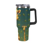 Rkklvbns Tazza da caffè da viaggio con giraffa dei cartoni animati, bicchiere con manico e coperchio con cannuccia, tazza da auto di grande capacità, a prova di perdite, mantiene freddo o caldo per