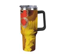 Rkklvbns Tazza da caffè da viaggio con girasoli gialli con farfalla rossa, bicchiere da 1180 ml con manico e coperchio con cannuccia, tazza da auto di grande capacità a prova di perdite, mantiene
