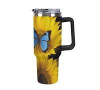 Rkklvbns Tazza da caffè da viaggio con girasoli gialli con farfalle blu, bicchiere da 1180 ml con manico e coperchio con cannuccia, tazza da auto di grande capacità a prova di perdite, mantiene freddo