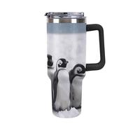Rkklvbns Tazza da caffè da viaggio con pinguini giovani con neve, bicchiere da 1,18 l, con manico e coperchio con cannuccia, tazza da auto di grande capacità, a prova di perdite, mantiene freddo o