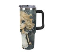 Rkklvbns Tazza da caffè da viaggio con ragazza bionda con occhi grandi, bicchiere da 1,18 l, con manico e coperchio con cannuccia, tazza per auto di grande capacità, a prova di perdite, mantiene