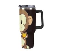 Rkklvbns Tazza da caffè da viaggio con scimmia dei cartoni animati con frutta, 1,18 l, con manico e coperchio con cannuccia, tazza da auto di grande capacità, a prova di perdite, mantiene freddo o