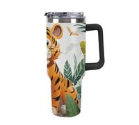 Rkklvbns Tazza da caffè da viaggio con tigre dei cartoni animati, bicchiere con manico e coperchio con cannuccia, tazza da auto di grande capacità, a prova di perdite, mantiene freddo o caldo per