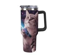 Rkklvbns Tazza da caffè da viaggio divertente con gatto spaziale, con manico e coperchio con cannuccia, a prova di perdite, grande capacità, mantiene freddo o caldo per palestra, viaggi e sport