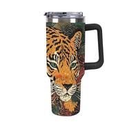 Rkklvbns Tiger Botanical Print - Tazza da caffè da viaggio con manico e coperchio con cannuccia, a prova di perdite, grande capacità, mantiene freddo o caldo per palestra, viaggi e sport