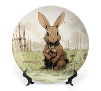 Rkklvbns Un coniglio marrone piatti decorativi da 20,3 cm in ceramica Bone China Piatto decorativo con espositore Piatti da dessert per casa ufficio decorazione da parete