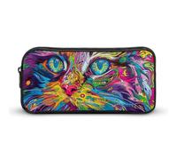 Rkklvbns Un gatto psichedelico grande astuccio portamatite portatile con cerniera organizzatore di cancelleria semplice stoccaggio cancelleria estetica per ufficio college uso adulto