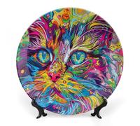 Rkklvbns Un gatto psichedelico piatti decorativi da 15,2 cm in ceramica Bone China Piatto decorativo con espositore Piatti da dessert per casa ufficio decorazione da parete