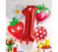 RKMYTR 5 palloncini in lamina a forma di fragola per il primo compleanno, 101,6 cm, decorazioni per baby shower per ragazze, in plastica, numero 1, faccina sorridente e margherita, kit arco con nastro