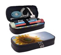 RLDOBOFE Astuccio in pelle astuccio per matite di grande capacità borsa di cancelleria con scomparti doppia cerniera girasoli fiori gialli matita organizer per uomini donne portapenne per ufficio