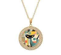 RLDOBOFE Collana da donna con ciondolo a forma di gatto in arte moderna della metà del secolo, con ciondolo dorato a forma di cerchio di diamanti, con catena da 50 cm, per compleanno, Natale, San
