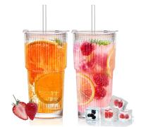 Rliocvhe 2 Pezzi 600ml Bicchieri da Acqua con Coperchio e Cannuccia,Tazza da Caffè Ghiacciata,Vetro Bicchiere per Smoothie,Tazza da Succhi Trasparente, per Latte, Acqua, Succo, Tè