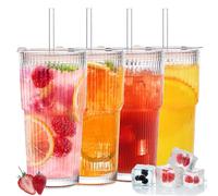 Rliocvhe 4 Pezzi 600ml Bicchieri da Acqua con Coperchio e Cannuccia,Tazza da Caffè Ghiacciata,Vetro Bicchiere per Smoothie,Tazza da Succhi Trasparente, per Latte, Acqua, Succo, Tè