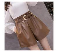 RLKHXBS Autumn Winter PU Leather Women's Shorts with Belt High Waist Pockets Wide Legged Trousers Female