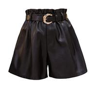 RLKHXBS Autumn Winter PU Leather Women's Shorts with Belt High Waist Pockets Wide Legged Trousers Female