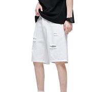 RLKHXBS Men's Denim Shorts White Pants Casual Frayed Ripped Hole Loose Straight Knee-Length Short Jeans Male
