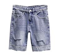 RLKHXBS Summer Men's Denim Shorts Straight Hole Men's Light Blue Denim Shorts Loose Straight Trousers