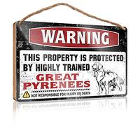 RLVH Targa decorativa da appendere alla porta d'ingresso, in legno, con scritta in lingua inglese "Warning This Property Is Protected By A Highly Trained Great Pyrenees Great Pyrenees" (lingua