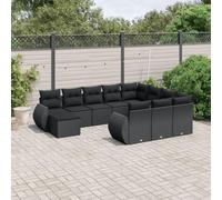 RMIHSJG 11-TLG. Set divano da giardino con cuscino in polyrattan nero, 4 cuscini, 2 cuscini per braccioli, 1 tavolo, mobili in rattan sintetico, piano in legno di acacia, spazio di archiviazione